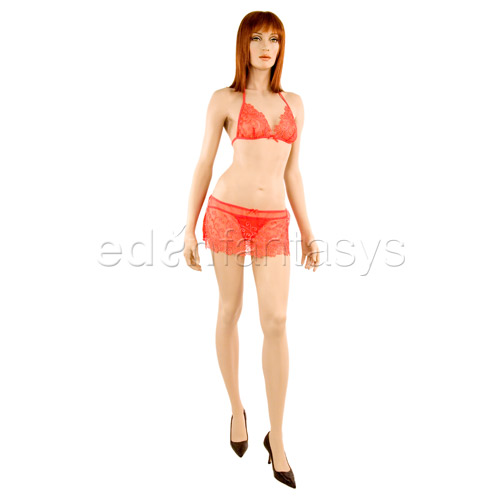 Product: Lace bra, skirt, and thong