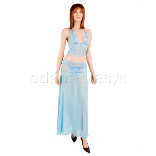 Product: Blue mist bralette with long skirt and g-string