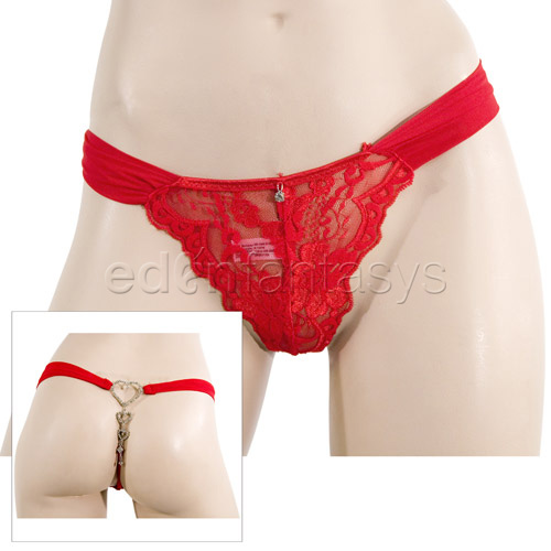 Product: Lace and mesh thong with rhinestone hearts
