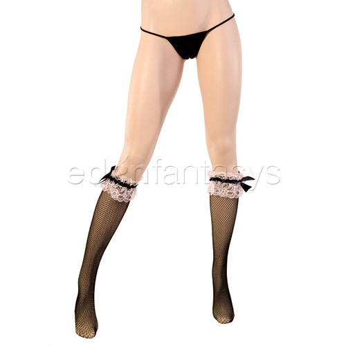 Product: Fishnet knee highs with ruffle and bow