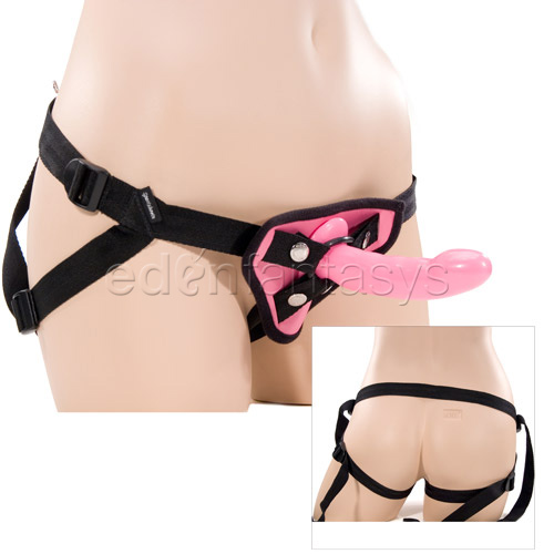 Product: Make me blush leather harness and dildo set